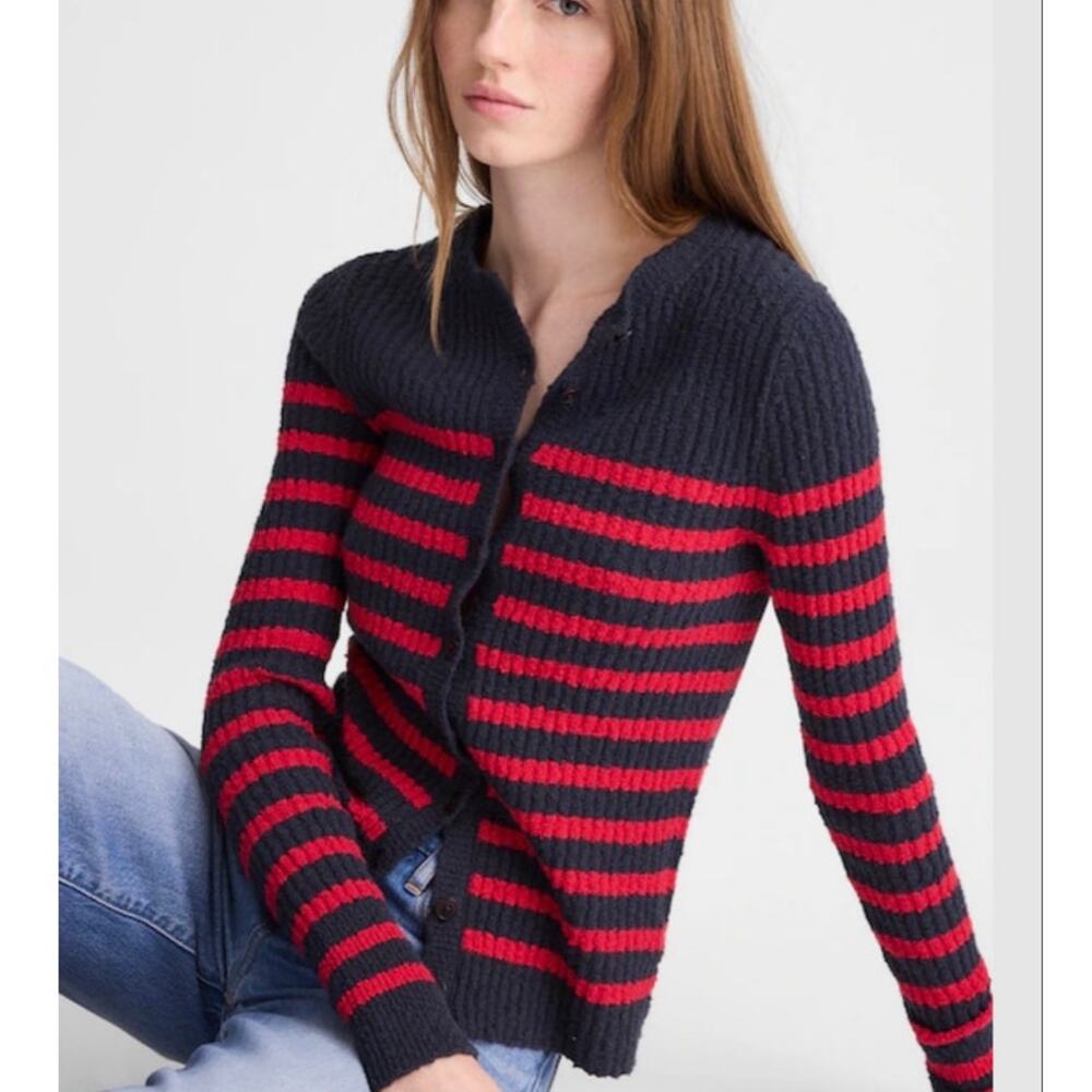 Madewell Striped Boucle Knit Cardigan XS Navy Red Cotton Button Front 2026 Style